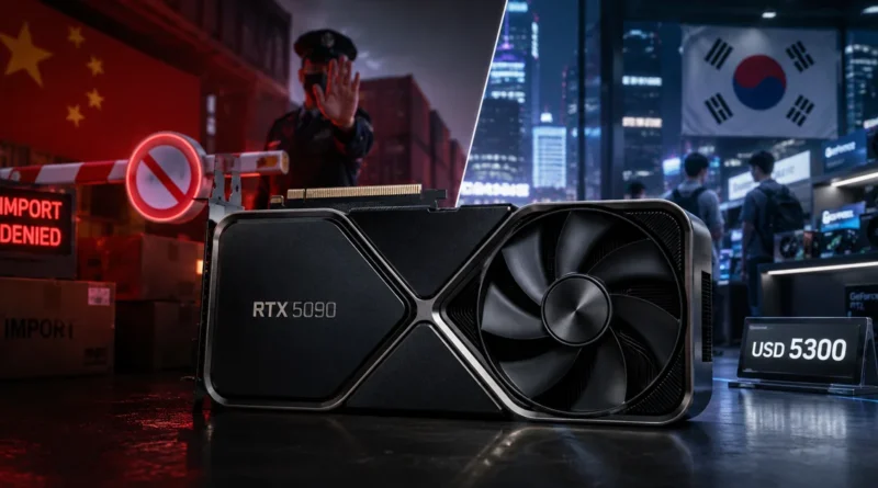 Tarjeta gráfica RTX 5090 en primer plano, con fondo dividido: agente aduanal en una parte y un escaparate tecnológico en la otra.