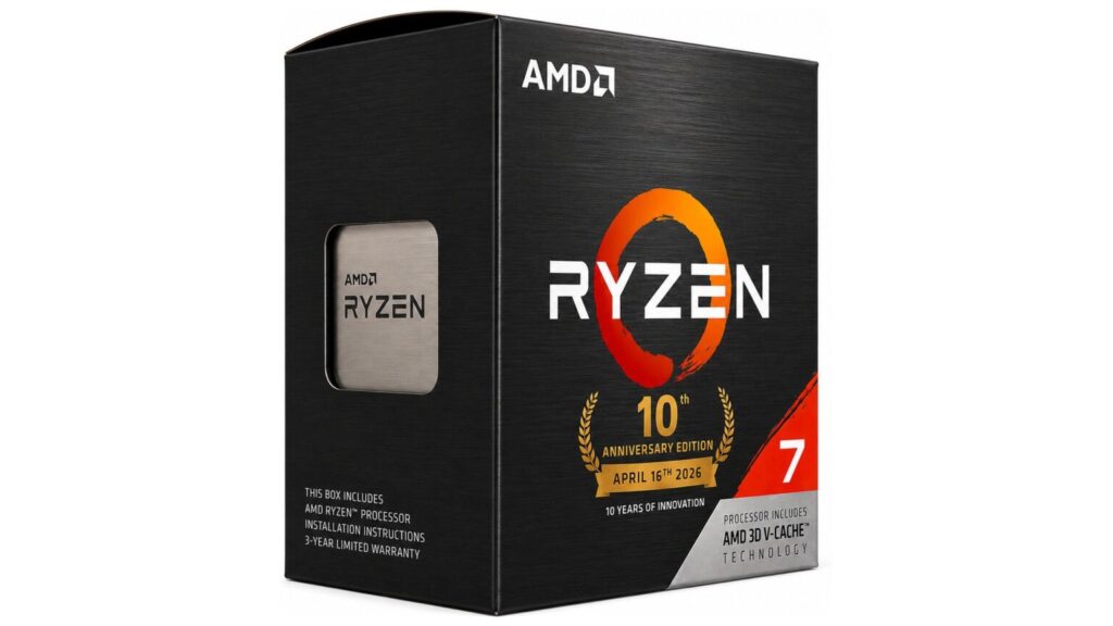 Caja negra con el logo de AMD en naranja y texto blanco que destaca "RYZEN 7" y "10th Anniversary Edition". Incluye detalles del procesador.
