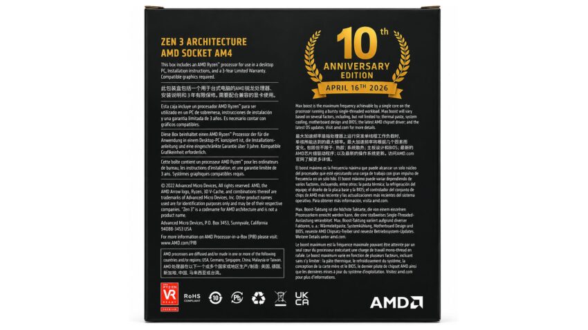 Caja de producto AMD con un diseño negro y dorado, destacando "10th Anniversary Edition" y detalles sobre la arquitectura Zen 3.