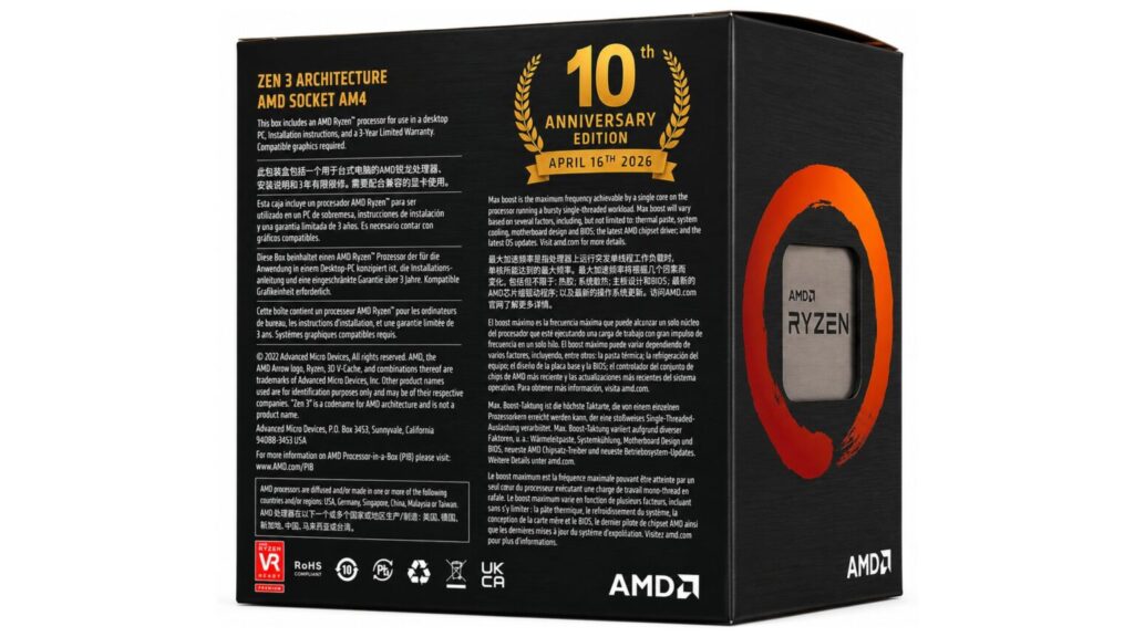 Caja de la edición del décimo aniversario del procesador AMD Ryzen, con texto descriptivo en múltiples idiomas y un diseño en tonos negros y naranjas.