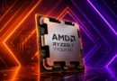 Procesador AMD Ryzen 7 7700X3D destacado sobre un fondo de circuitos, iluminado con tonos naranja y violeta.
