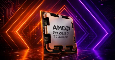 Procesador AMD Ryzen 7 7700X3D destacado sobre un fondo de circuitos, iluminado con tonos naranja y violeta.