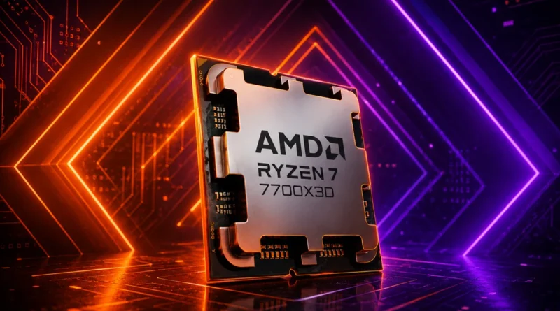 Procesador AMD Ryzen 7 7700X3D destacado sobre un fondo de circuitos, iluminado con tonos naranja y violeta.