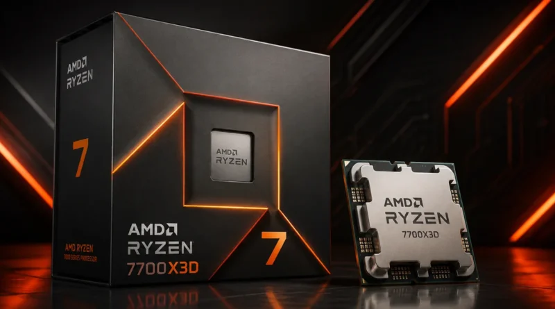 Caja del procesador AMD Ryzen 7 7700X3D destacando sus gráficos en negro y naranja, con el chip visible a la derecha sobre una superficie brillante.
