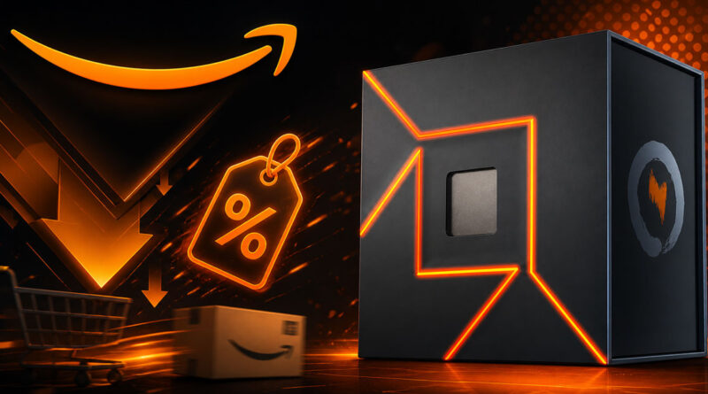 Caja negra con un procesador en el centro, adornada con luces naranjas, junto a un icono de Amazon y un símbolo de descuento.