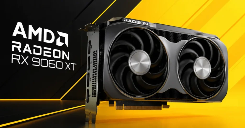 Tarjeta gráfica AMD Radeon RX 9060 XT, con un diseño negro y detalles en amarillo, destacando sus dos ventiladores frontales.