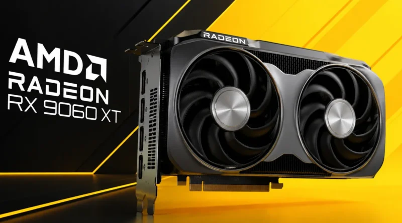Tarjeta gráfica AMD Radeon RX 9060 XT, con un diseño negro y detalles en amarillo, destacando sus dos ventiladores frontales.