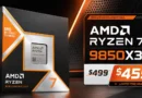 Caja del procesador AMD Ryzen 7 9850X3D en tonos negro y naranja, con su precio original de $499 reducido a $455.