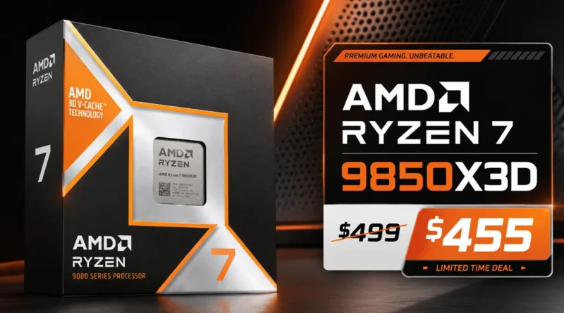 Caja del procesador AMD Ryzen 7 9850X3D en tonos negro y naranja, con su precio original de $499 reducido a $455.