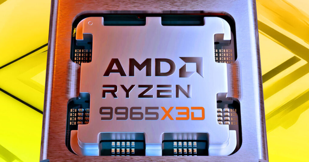 Procesador AMD Ryzen 9 PRO 9965X3D con un diseño metálico brillante, montado en un fondo amarillo geométrico.