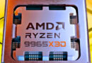 Procesador AMD Ryzen 9 PRO 9965X3D con un diseño metálico brillante, montado en un fondo amarillo geométrico.
