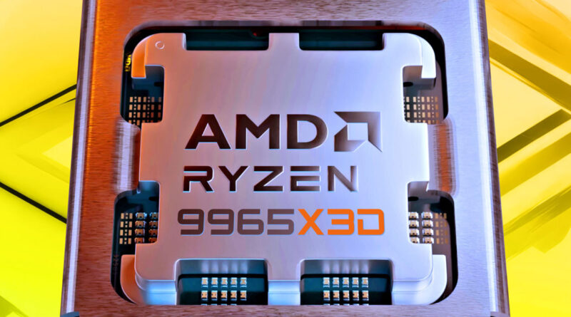 Procesador AMD Ryzen 9 PRO 9965X3D con un diseño metálico brillante, montado en un fondo amarillo geométrico.