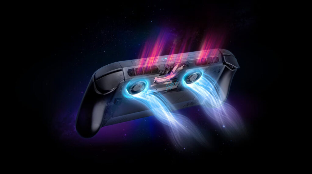 Controlador de juego en un fondo oscuro, con luces azules y rosas que simulan flujo de aire, destacando su diseño futurista.