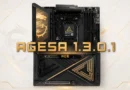 Placa base AM5 en negro y dorado con logotipos y texto "AGESA 1.3.0.1" destacado, sobre un fondo claro y texturizado.