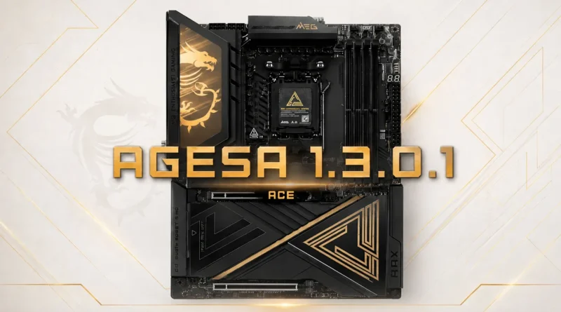 Placa base AM5 en negro y dorado con logotipos y texto "AGESA 1.3.0.1" destacado, sobre un fondo claro y texturizado.