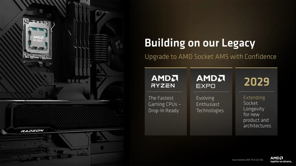 Proceso de actualización de hardware con información sobre AMD Ryzen, AMD Expo y el socket AM5, destacando el año 2029.
