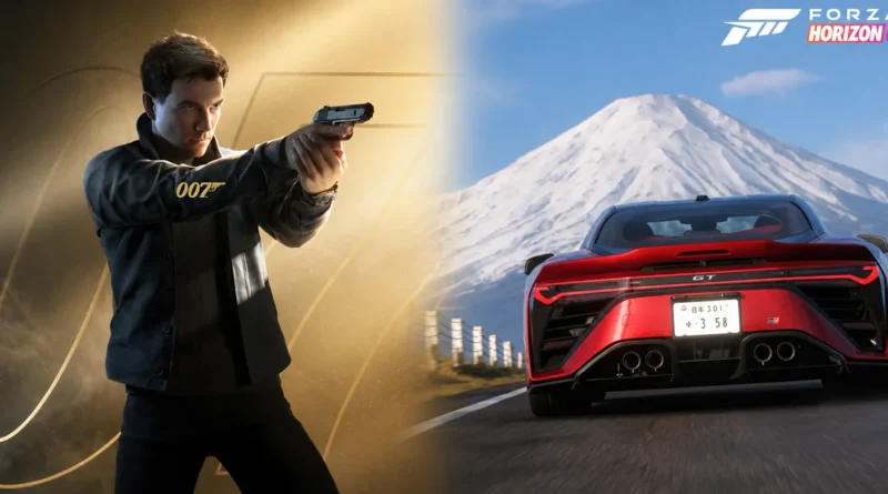 Personaje en acción con pistola a la izquierda, mientras que a la derecha se muestra un coche deportivo rojo frente a una montaña nevada.