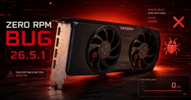 Tarjeta gráfica Radeon en un fondo rojo, mostrando un error de "ZERO RPM" con mensajes sobre fallos en el modo de ventilador y velocidades.