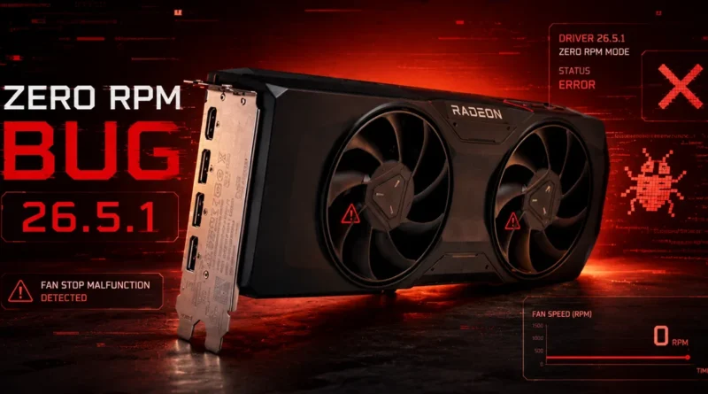 Tarjeta gráfica Radeon en un fondo rojo, mostrando un error de "ZERO RPM" con mensajes sobre fallos en el modo de ventilador y velocidades.
