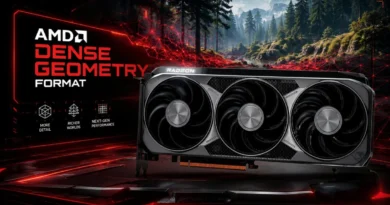 Tarjeta gráfica AMD Radeon con tres ventiladores, fondo natural de montañas y árboles, colores oscuros y rojos en el diseño.