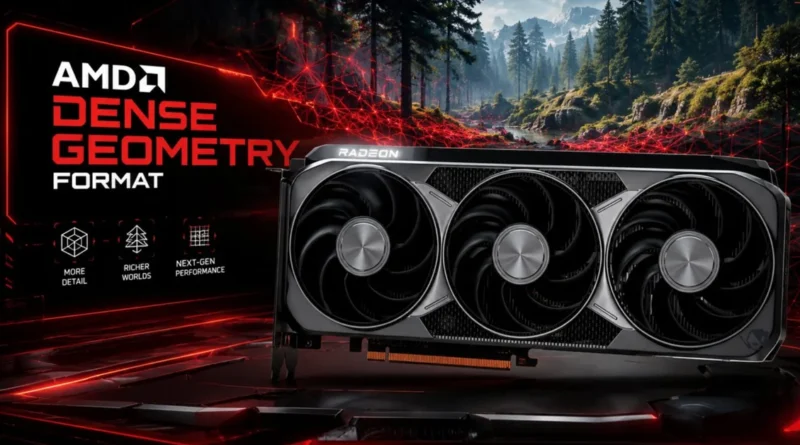 Tarjeta gráfica AMD Radeon con tres ventiladores, fondo natural de montañas y árboles, colores oscuros y rojos en el diseño.