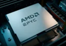 Procesador AMD EPYC en una placa base, con un diseño moderno y fondo iluminado en tonos oscuros y metálicos.
