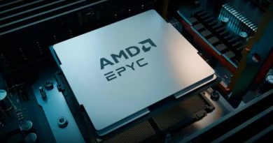 Procesador AMD EPYC en una placa base, con un diseño moderno y fondo iluminado en tonos oscuros y metálicos.