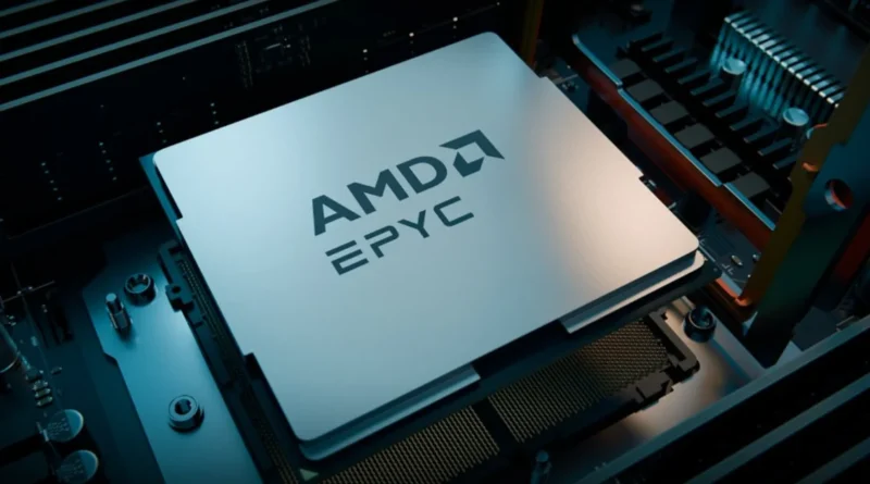 Procesador AMD EPYC en una placa base, con un diseño moderno y fondo iluminado en tonos oscuros y metálicos.