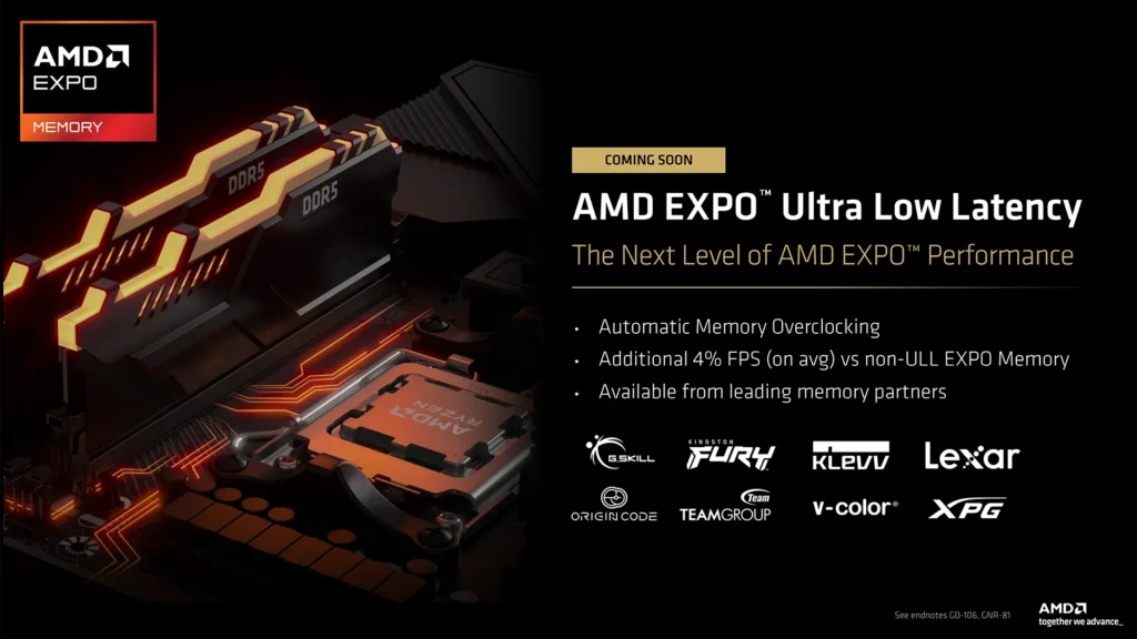 Placa madre con detalles en naranja y negro, destacando la tecnología AMD EXPO™ y la memoria ultrabaja de latencia.