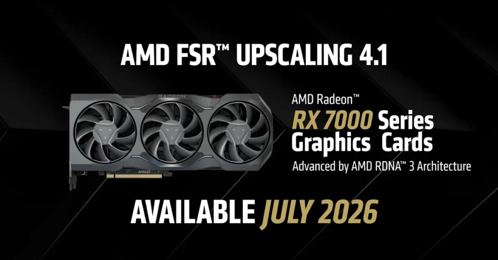 Tarjeta gráfica AMD Radeon RX 7000 con tres ventiladores, fondo oscuro con texto en colores claros, anuncia disponibilidad en julio de 2026.