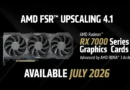 Tarjeta gráfica AMD Radeon RX 7000 con tres ventiladores, fondo oscuro con texto en colores claros, anuncia disponibilidad en julio de 2026.