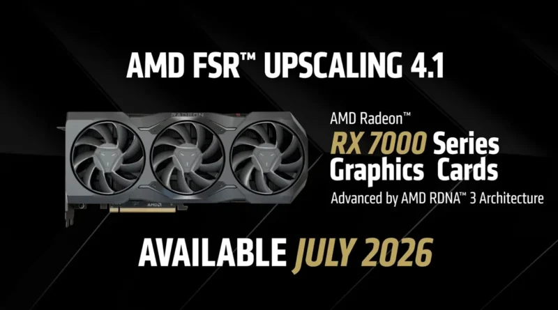 Tarjeta gráfica AMD Radeon RX 7000 con tres ventiladores, fondo oscuro con texto en colores claros, anuncia disponibilidad en julio de 2026.