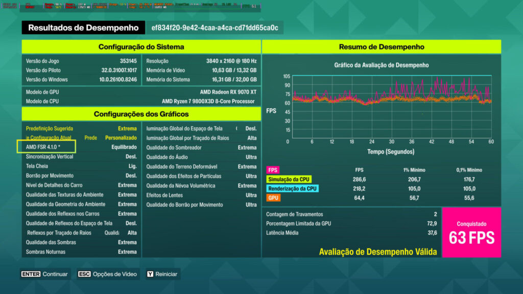 Pantalla de resultados de rendimiento con gráficos. Muestra información del sistema, configuración de GPU y un gráfico de FPS en color verde y rosa.