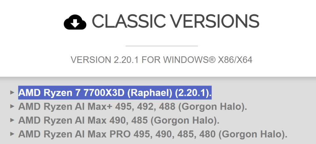 Texto en gris claro sobre fondo blanco que lista modelos de procesadores AMD Ryzen, con enfoque en la versión 2.20.1 para Windows.