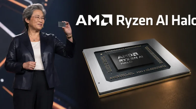Mujer sosteniendo un chip Ryzen AI Halo en un fondo oscuro con detalles en dorado y el logo de AMD a la derecha.