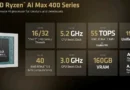 Chip de procesador AMD Ryzen AI Max 400, con especificaciones clave como núcleos, frecuencia, memoria unificada y unidades de cómputo.