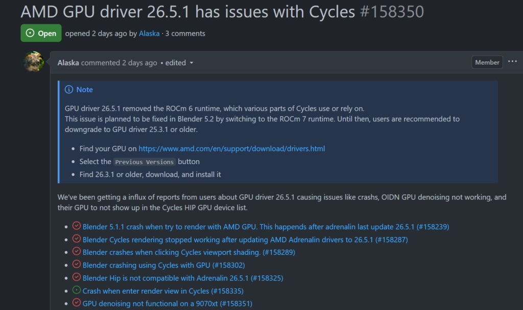 Captura de pantalla de un foro que discute problemas con el controlador AMD GPU 26.5.1 y su compatibilidad con Blender Cycles.