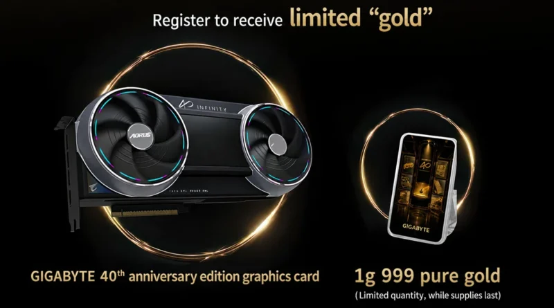 Tarjeta gráfica AORUS RTX 5090 INFINITY de Gigabyte con dos ventiladores, acompañada de un lingote de oro puro de 1 g en un fondo oscuro.