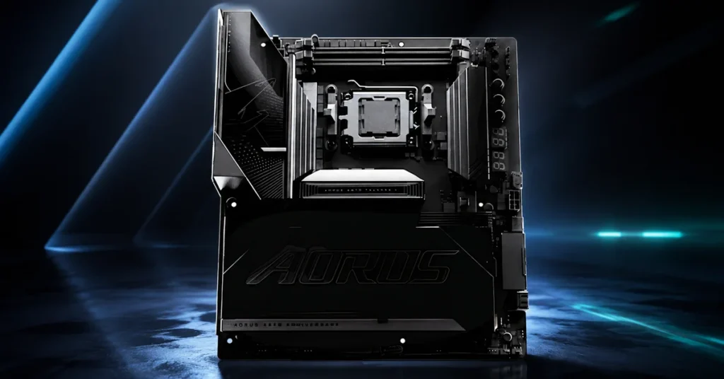 Placa madre AORUS con socket AM5, diseño negro y detalles en relieve, enfocada en el overclocking, iluminada en un fondo azul.