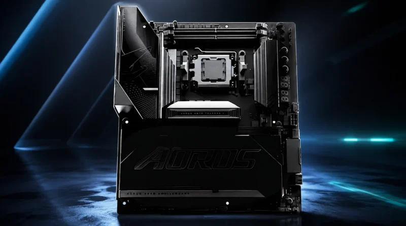 Placa madre AORUS con socket AM5, diseño negro y detalles en relieve, enfocada en el overclocking, iluminada en un fondo azul.