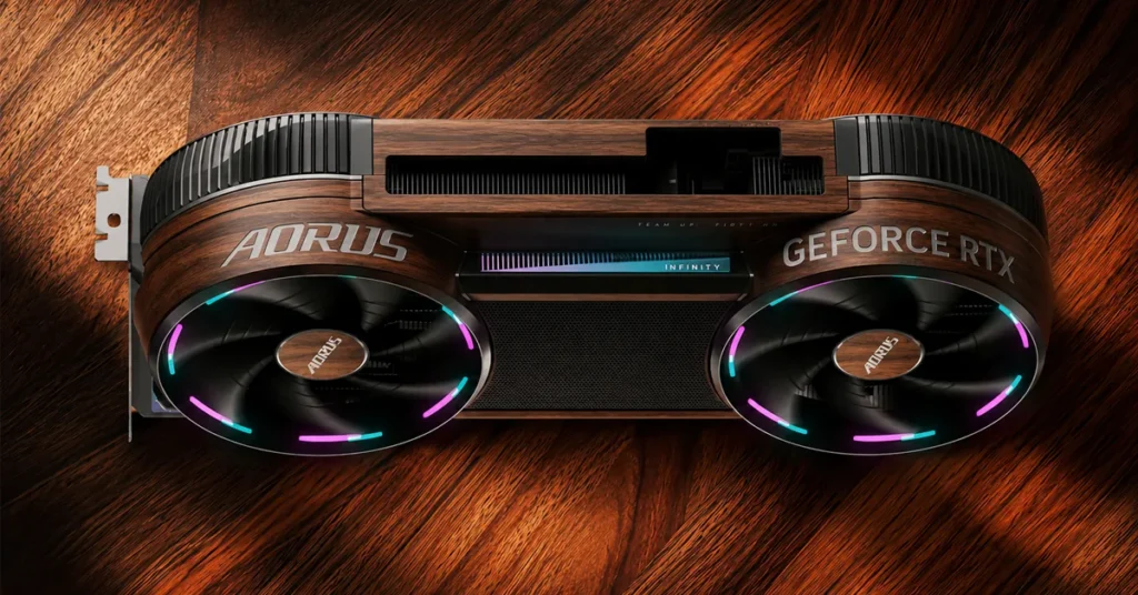 Tarjeta gráfica AORUS Infinity con acabado en madera, luces LED RGB circulares y diseño elegante sobre fondo de madera oscura.