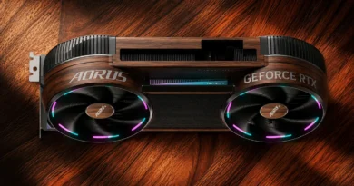 Tarjeta gráfica AORUS Infinity con acabado en madera, luces LED RGB circulares y diseño elegante sobre fondo de madera oscura.
