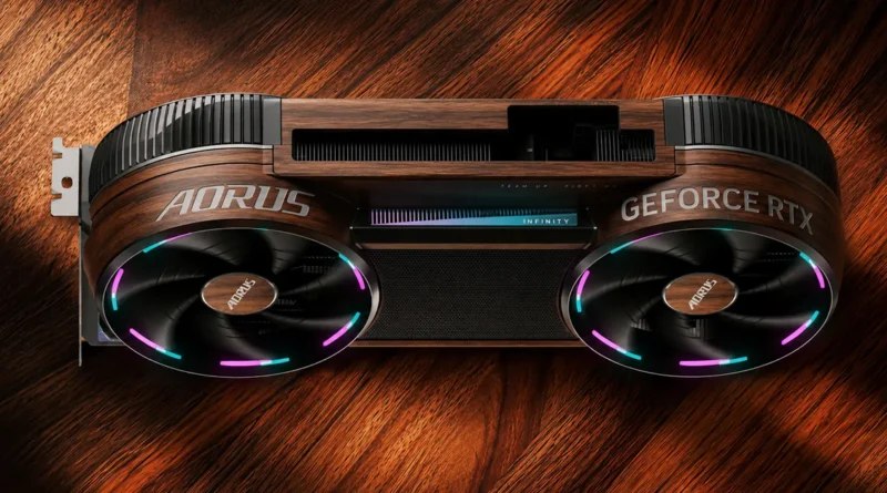 Tarjeta gráfica AORUS Infinity con acabado en madera, luces LED RGB circulares y diseño elegante sobre fondo de madera oscura.