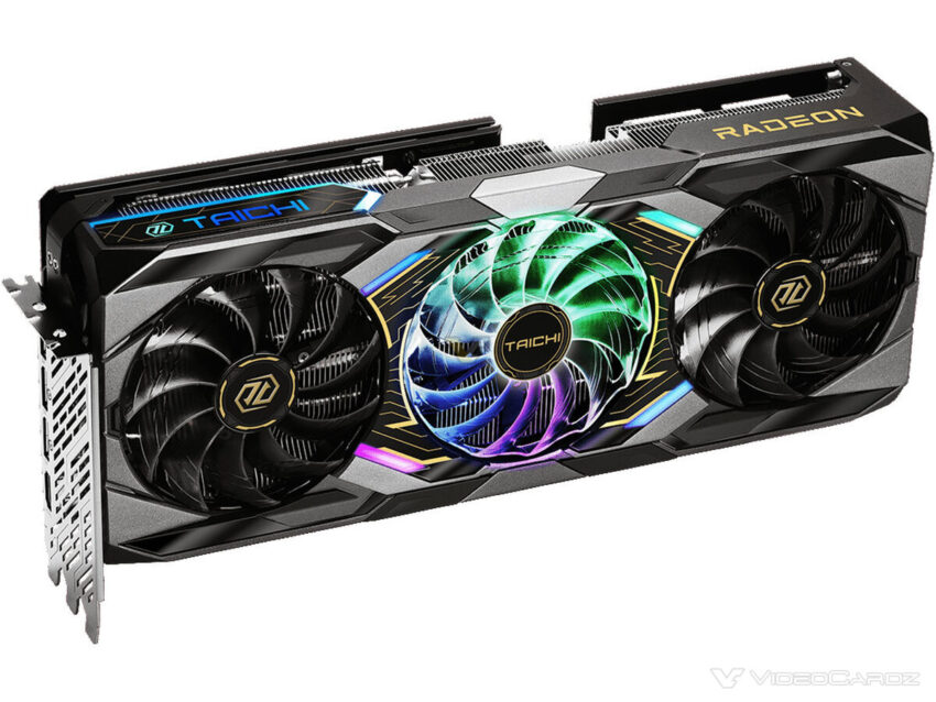 Tarjeta gráfica ASRock Radeon RX 9070 XT con diseño negro y detalles en azul, tres ventiladores con iluminación RGB.