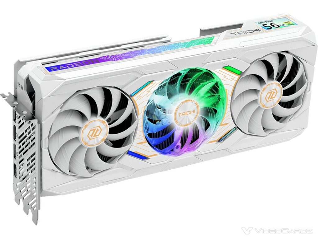 Tarjeta gráfica Radeon RX 9070 XT con diseño blanco, tres ventiladores y detalles RGB, destacando su apariencia moderna y elegante.