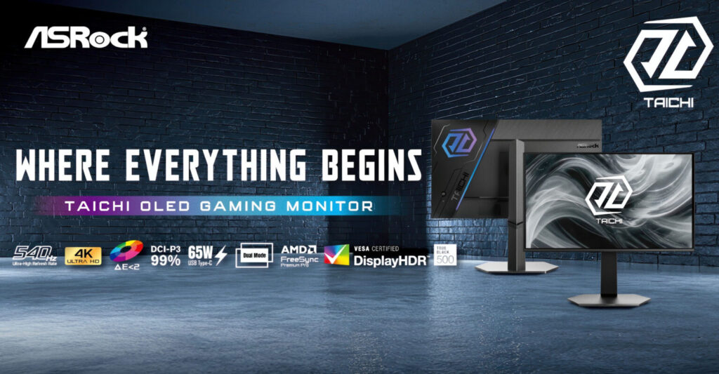 Monitor OLED Taichi de ASRock en un entorno oscuro, con texto informativo en blanco y azul, destacando especificaciones y certificaciones.