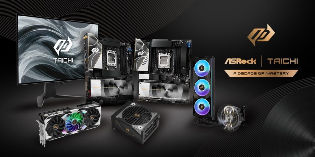 Montaje que presenta la tarjeta gráfica Radeon RX 9070 XT, componentes de PC y un monitor, destacando colores oscuros y luces RGB.