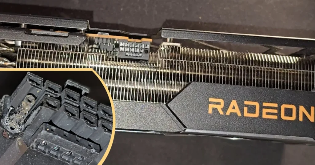 Conector RX 9070 XT dañado en la tarjeta gráfica ASRock Taichi. Resaltan componentes metálicos y el logo "Radeon" en color naranja.
