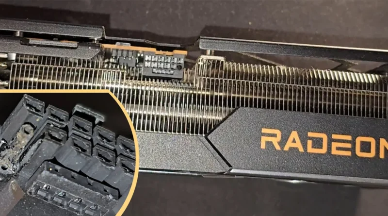 Conector RX 9070 XT dañado en la tarjeta gráfica ASRock Taichi. Resaltan componentes metálicos y el logo "Radeon" en color naranja.