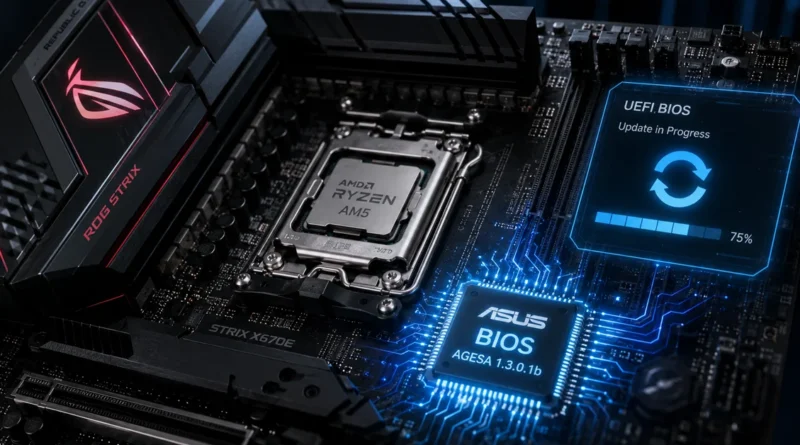 Placa base con un procesador AMD Ryzen AM5, indicadores de actualización de BIOS y un diseño futurista con luces azules y rojas.